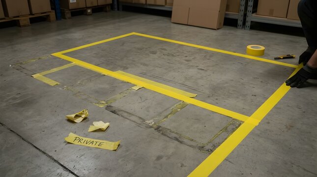 Worker applying yellow safety tape on concrete warehouse floor for marking.