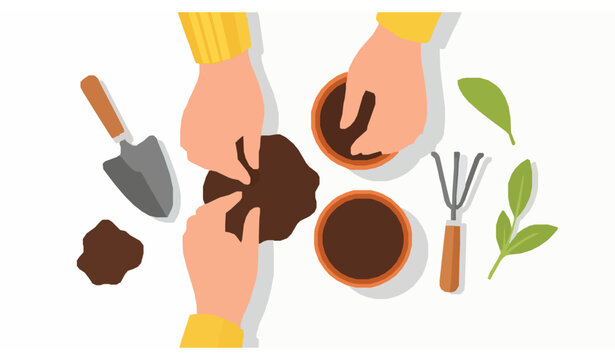 Overhead hands planting seeds vector illustration small brown pots gardening tools isolated on white background