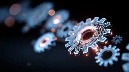 Plakat Glowing metallic gear on dark background representing digital transformation concept, technology integration, automation and interconnected system.