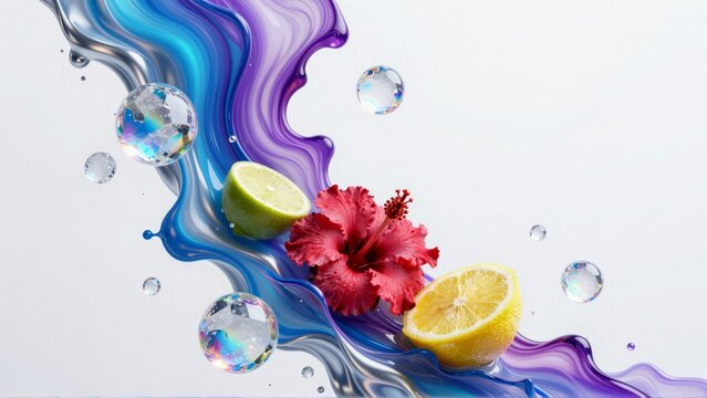 Lemon drops float amidst a purple and blue liquid wave with red flowers and bubbles