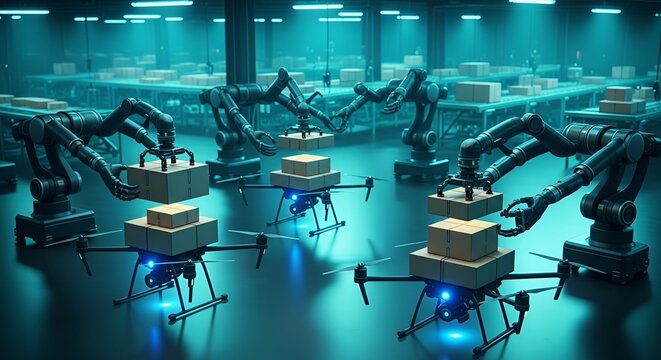 Robotic Arms Handling Drone Packages.