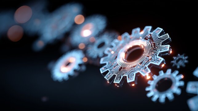 Glowing metallic gear on dark background representing digital transformation concept, technology integration, automation and interconnected system.