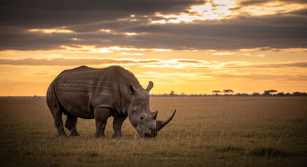 Fototapeta premium Majestic rhinoceros standing peacefully in vast open grassland during sunset with dramatic sky and warm golden hues highlighting the animal's textured skin and iconic horn in a serene natural setting