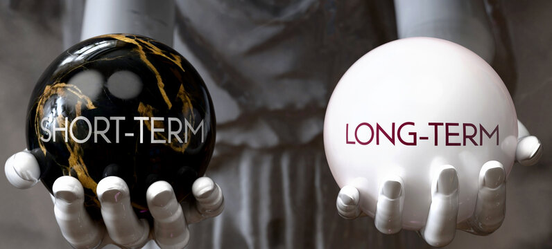 Short-Term or Long-Term - decide between two options. Greek statue presenting a choice: short-term or long-term, weighing their values. Looking at pros and cons.  ,3d illustration