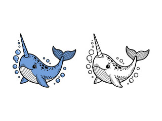 Whale coloring page for kids free printable narwhal illustration © SumonMasho