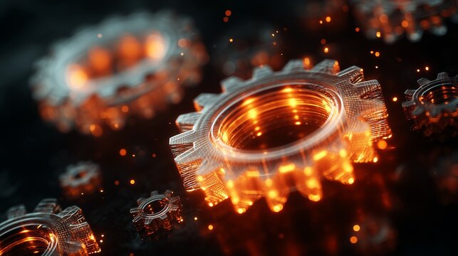Glowing metallic gear floating above circuit board representing process automation in enterprise it with digital workflow, integration, and orchestration concept.