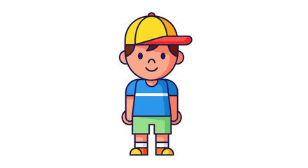 A smiling cartoon boy wearing a yellow cap, blue shirt, and green shorts standing alone in a simple setting