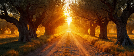 Obraz premium Sunlight passing through olive trees in a Mediterranean olive grove, rural countryside road at sunset, warm golden light and peaceful natural landscape.