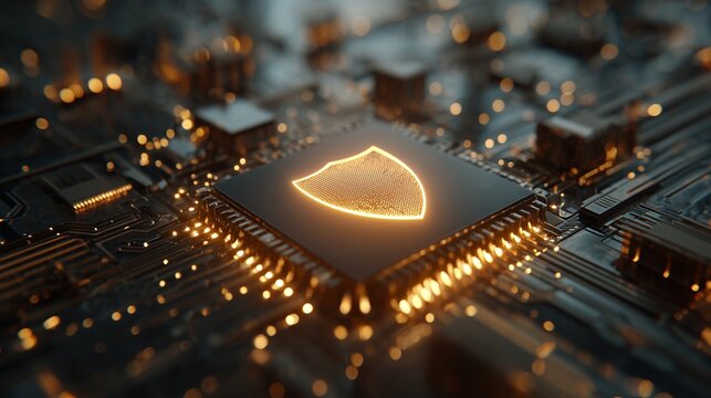 Glowing shield on central chip atop circuit board representing digital threat detection and prevention, cybersecurity monitoring, and network protection.