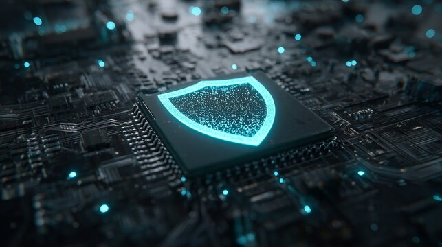 Glowing shield icon on a microchip representing threat intelligence integrated with endpoint security and real-time protection.