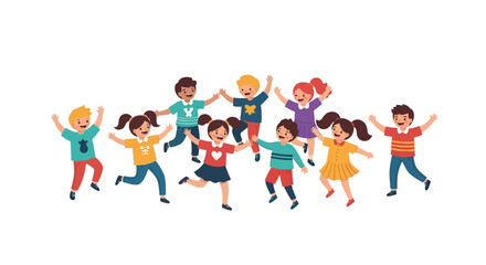 Fototapeta premium Group of diverse children playing together, jumping and running in a joyful scene from a front viewpoint