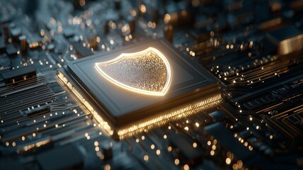 Fototapeta na wymiar Microchip with illuminated shield icon on circuit board representing threat intelligence with endpoint security monitoring and protection.