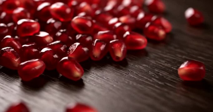 Pomegranate Seeds on Dark Wooden Surface.