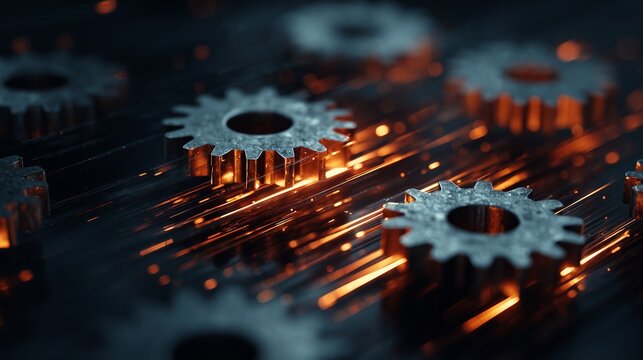 Metal gear on circuit board with illuminated trace representing behavioral analytics digital automation and process optimization.