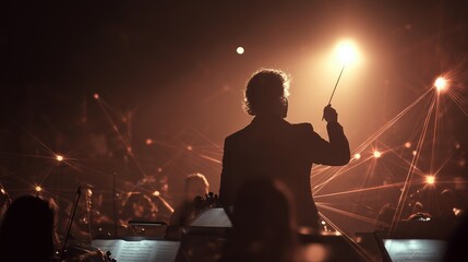 Fototapeta premium Conductor leads digital symphony with data points in dark auditorium setting while instruments shine under spotlight