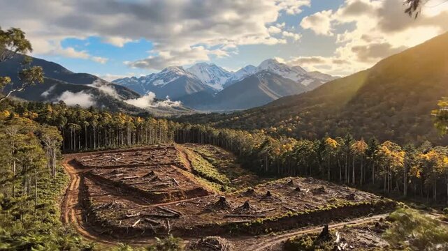 Scenic aerial view of deforestation in a mountain valley with tall trees and snow capped mountain peaks