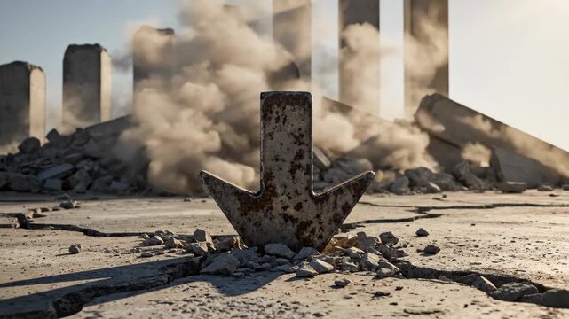 Demolition Site with Imploding Buildings and Debris.