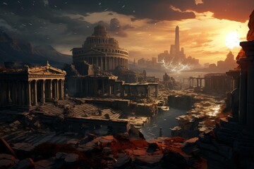 Obraz premium Apocalyptic landscape with ancient ruins and a futuristic city under a dramatic lightning sunset
