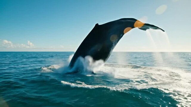 Spectacular humpback whale breaching the surface in the bright blue ocean with sun glare