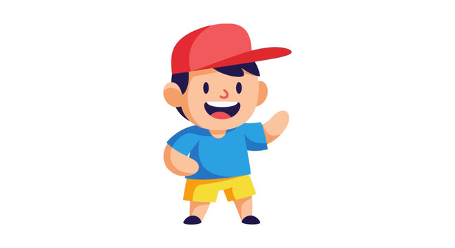 A young boy wearing a red cap and yellow shorts waving in a graphic illustration
