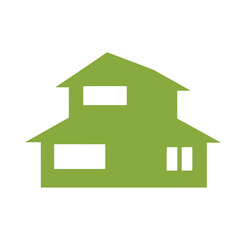 Fototapeta premium Simple green house icon with white windows on plain background