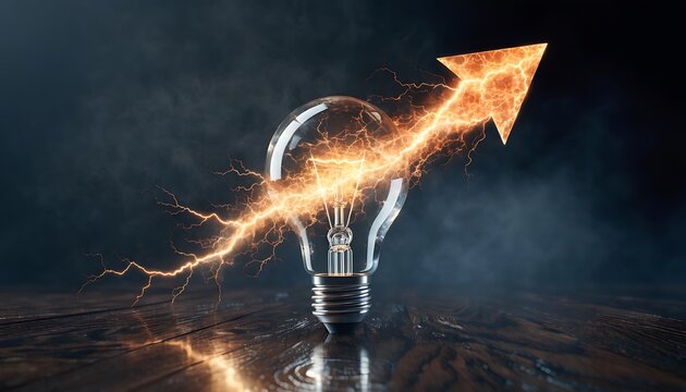 Bright idea innovation concept with glowing lightbulb and electric sparks on dark background