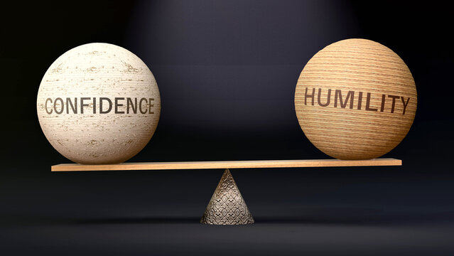 Humility and confidence in balance - balancing stones on a scale symbolizing harmony, equity and equilibrium between confidence and humility. Harmonious and beneficial situation. ,3d illustration
