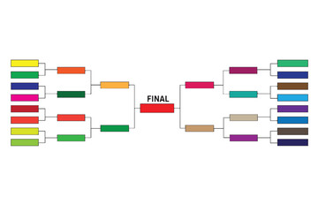 A clean vector diagram showing many bracket boxes of a tournament progressing step by step toward the final round in an organized competition layout.