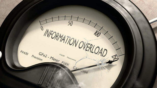 Information overload meter showing high levels of information overload. Dangerously increasing values of information overload, critical overload. Too much, off the charts. ,3d illustration