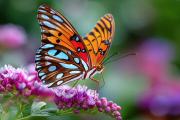 Fototapeta premium Vibrant Butterfly on Purple Flowers in Nature