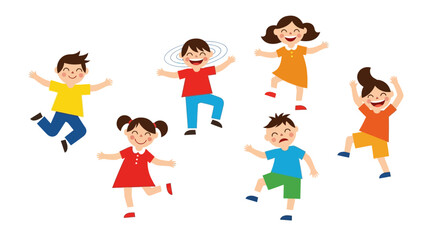 Fototapeta premium Children playing together in a joyful scene, jumping and having fun outdoors.