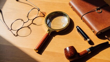 Fototapeta premium A warm afternoon light streams across a wooden table, illuminating a magnifying glass, round glasses, a sleek pen, and a vintage pipe, inviting exploration and contemplation.