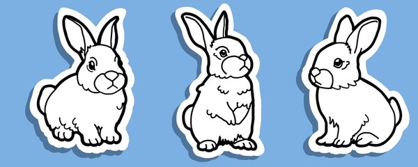 Cute Rabbit Line Art Illustration Set on Blue Background