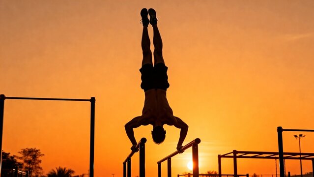 A person performs a handstand on parallel bars against a vibrant sunset, capturing the essence of fitness and dedication in a tranquil park setting.