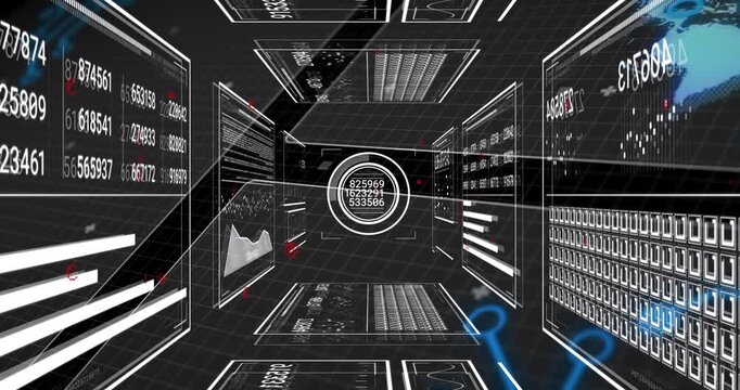 Wireframe corridor appearing reticle updating numbers pulsing panels cycling visualizing live data