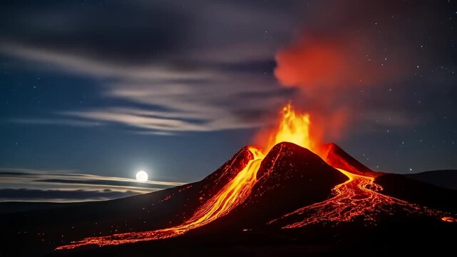 Erupting volcano spews molten lava under a starry, moonlit night sky with streaking clouds