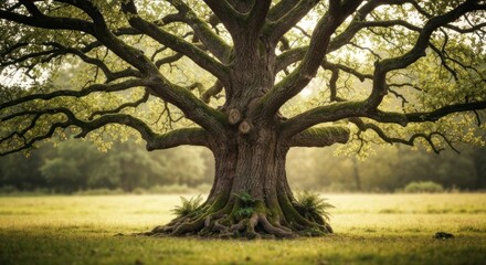 Fototapeta premium Majestic oak tree in a sunlit meadow