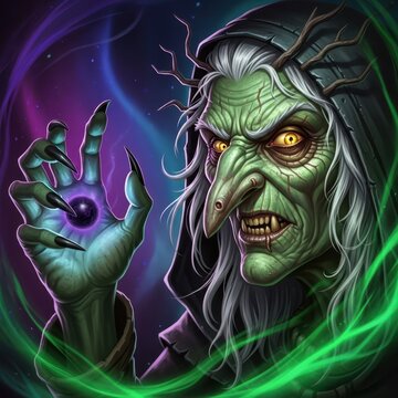 Close-up portrait of a terrifying mythical crone with green skin, long hooked nose, and menacing eyes, ready to cast a dark spell, hideous, aged, mythology