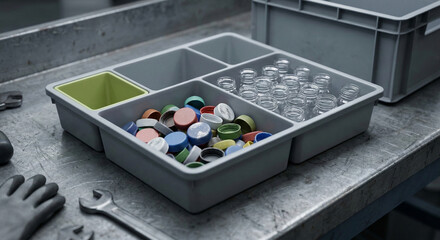 Plastic caps and empty clear containers in divided sorting tray