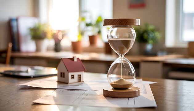 Hourglass with sand flowing near small house model on office desk representing real estate market timing property investment deadline mortgage countdown and architecture planning home
