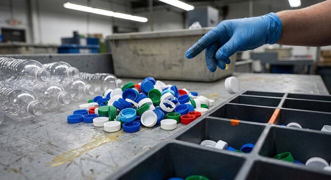Gloved hand sorting plastic caps into divided tray at recycling workbench