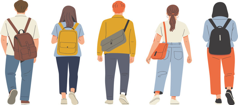 Diverse student group vector illustration with inclusive people walking away with backpacks and messenger bags