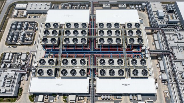 Aerial View Of Massive Industrial Cooling System For An Artificial Intelligence Data Center With Large Fans And Piping