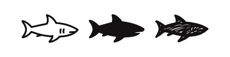 Obraz premium Shark Icons Set in Outline, Solid, and Doodle Styles. Ocean Predator Symbol Illustration.