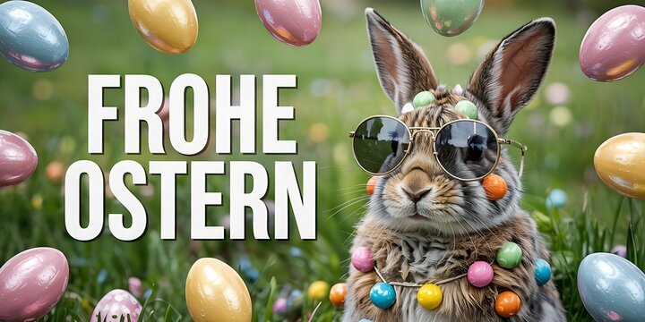 Frohe ostern text with adorable bunny wearing sunglasses and garland of colorful easter eggs, surrounded by green grass and spring flowers, holiday festive mood