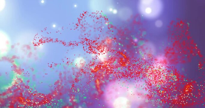 Red-orange ribbon appearing, particle cloud unfurling, spiraling and dispersing for glowing nebula
