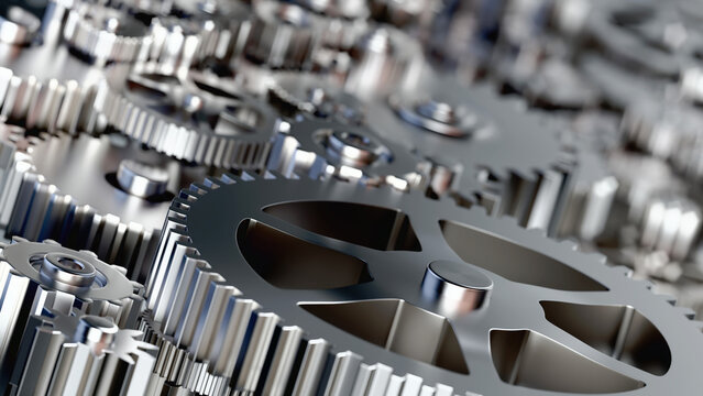 Spinning Gears with a depth of field. Teamwork Success or Technology Concept. 3D illustration