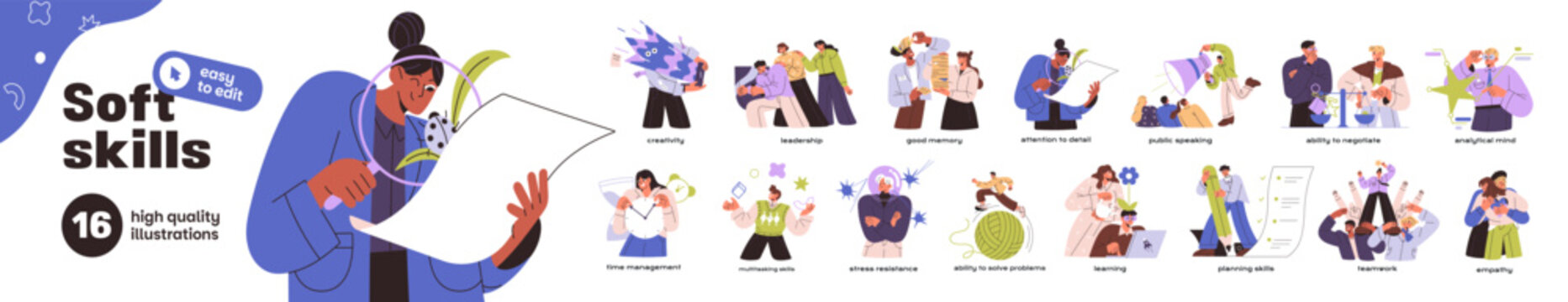Soft skills set. Different abilities of employees' personality for work: teamwork, learning, empathy, multitasking, public speaking, communication. Flat isolated vector illustrations on white
