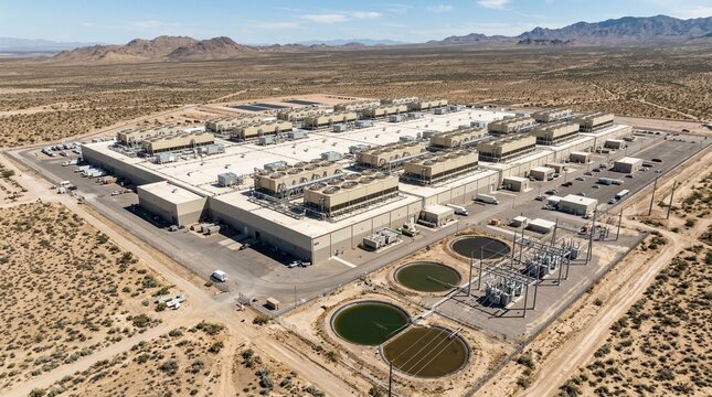 Vast desert data center with extensive cooling systems and power infrastructure under a clear blue sky.