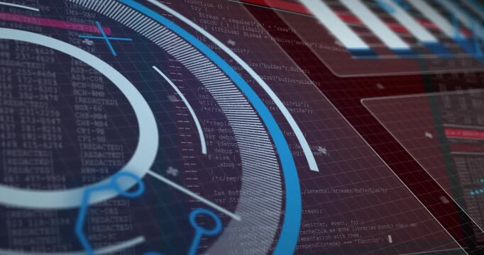 Camera panning, circular HUD rotating and scanning, revealing code and panels for monitoring